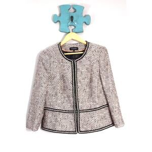 Talbots Women Pink Tweed Blazer Jacket Cotton Wool Grosgrain Trim Size 10 Lined